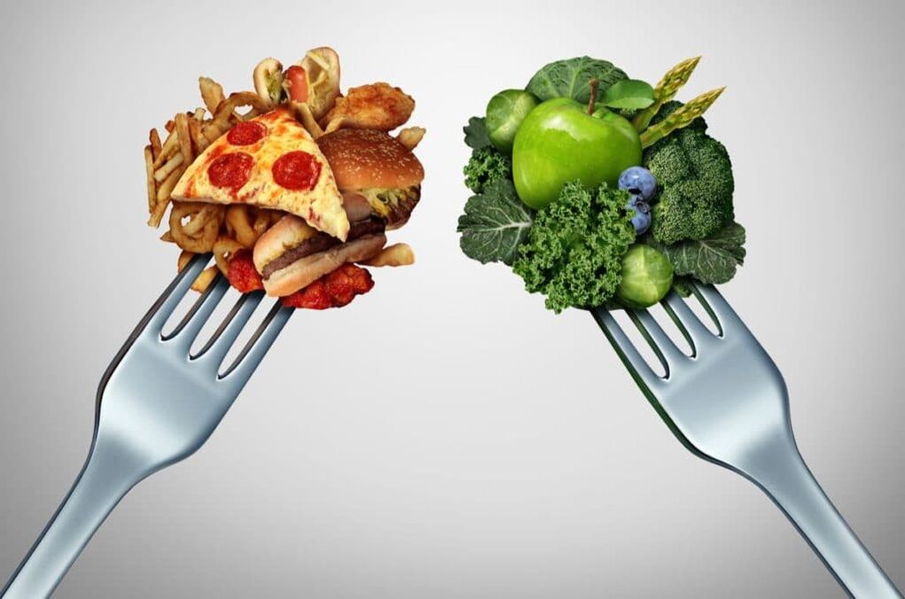 alimentos não saudáveis ​​​​e saudáveis ​​​​para prostatite